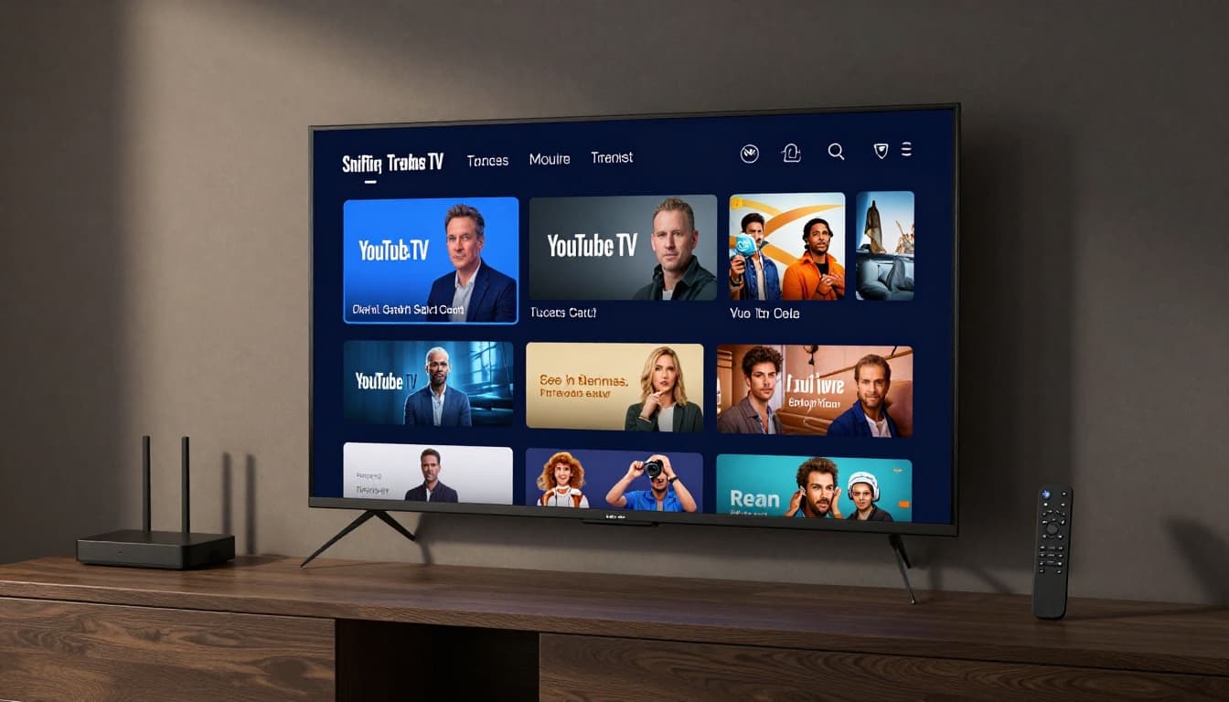 Smart TV mounted on wall streaming apps like YouTube TV directly without set-top box, wireless remote nearby in modern living room with internet router in background. Wide cinematic shot emphasizing simple setup with no extra boxes.