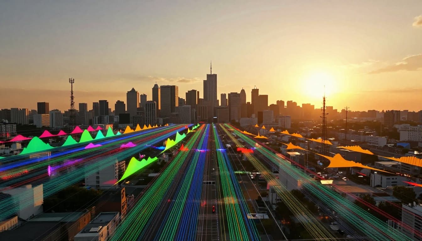 Abstract visualization of overlapping colorful radio frequency waves in crowded airspace resolving into organized shared channels, above an urban skyline with antennas and cell towers, transitioning left to right under dramatic sunset lighting.