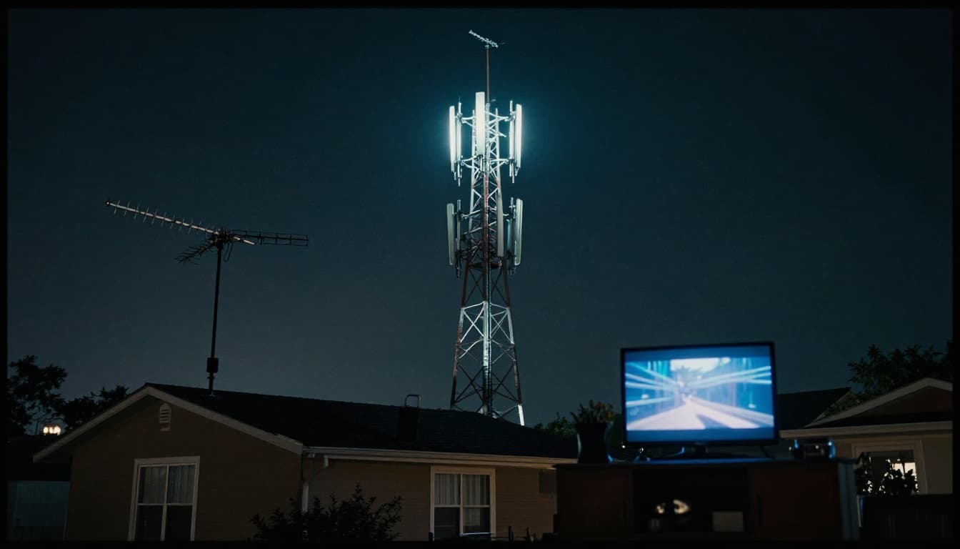 A suburban house with a rooftop TV antenna stands near a tall cell tower emitting signals, causing blurred interference lines on the living room TV screen. Rendered in cinematic style with strong contrast, depth, and dramatic lighting.
