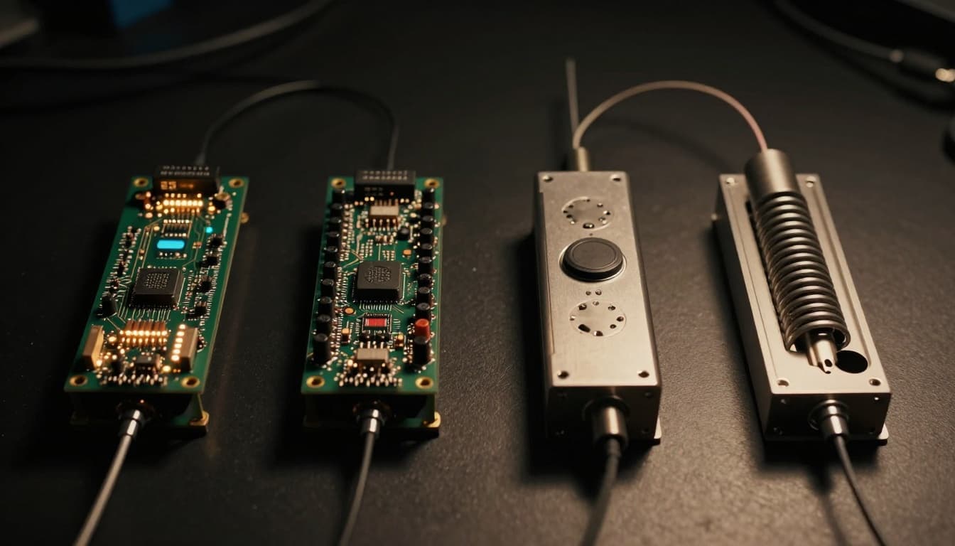 Electronics workbench featuring four key transmitter parts: glowing oscillator circuit board, modulator module, amplifier unit, and coiled antenna wire, arranged in a row under dramatic side lighting with cinematic moody shadows and warm tones.