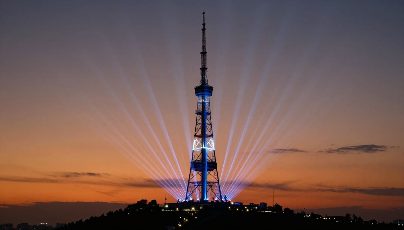 Tall TV broadcast tower on a hill at dusk with visualized glowing blue radio waves spreading over the city below, VHF and UHF antennas on top, cinematic style with dramatic orange sunset lighting.