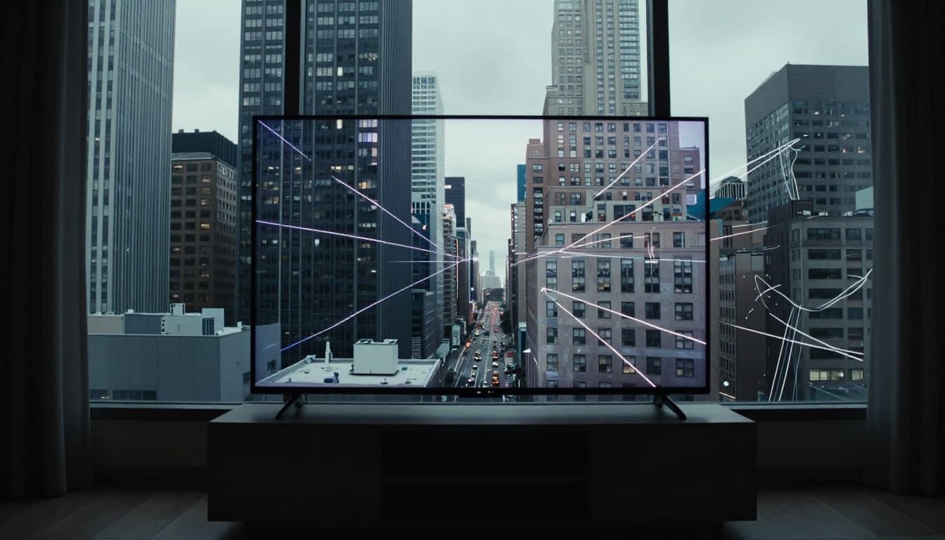 Modern urban apartment living room featuring a TV with ghosted double images from signal bounce off skyscrapers visible through the window, chaotic signal paths reflecting outside. Cinematic style with strong contrast, depth, and dramatic lighting; simple room, no people.