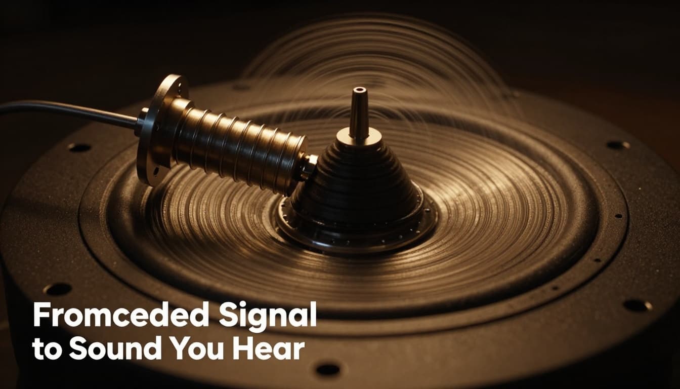 Cutaway view of a dynamic speaker driver showing the cone vibrating from an audio signal coil and magnet, with air waves rippling outward to recreate sound. Cinematic close-up with strong contrast, depth, and dramatic warm lighting.