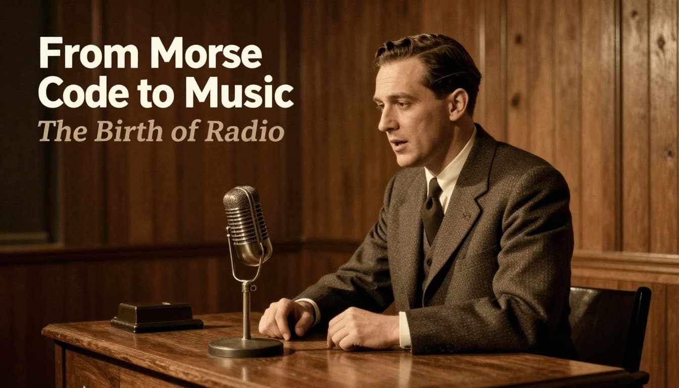 Interior of a 1920s radio studio featuring one male announcer in a suit speaking into a large microphone on a wooden desk, with warm incandescent lighting and wooden panel background in cinematic sepia tones.
