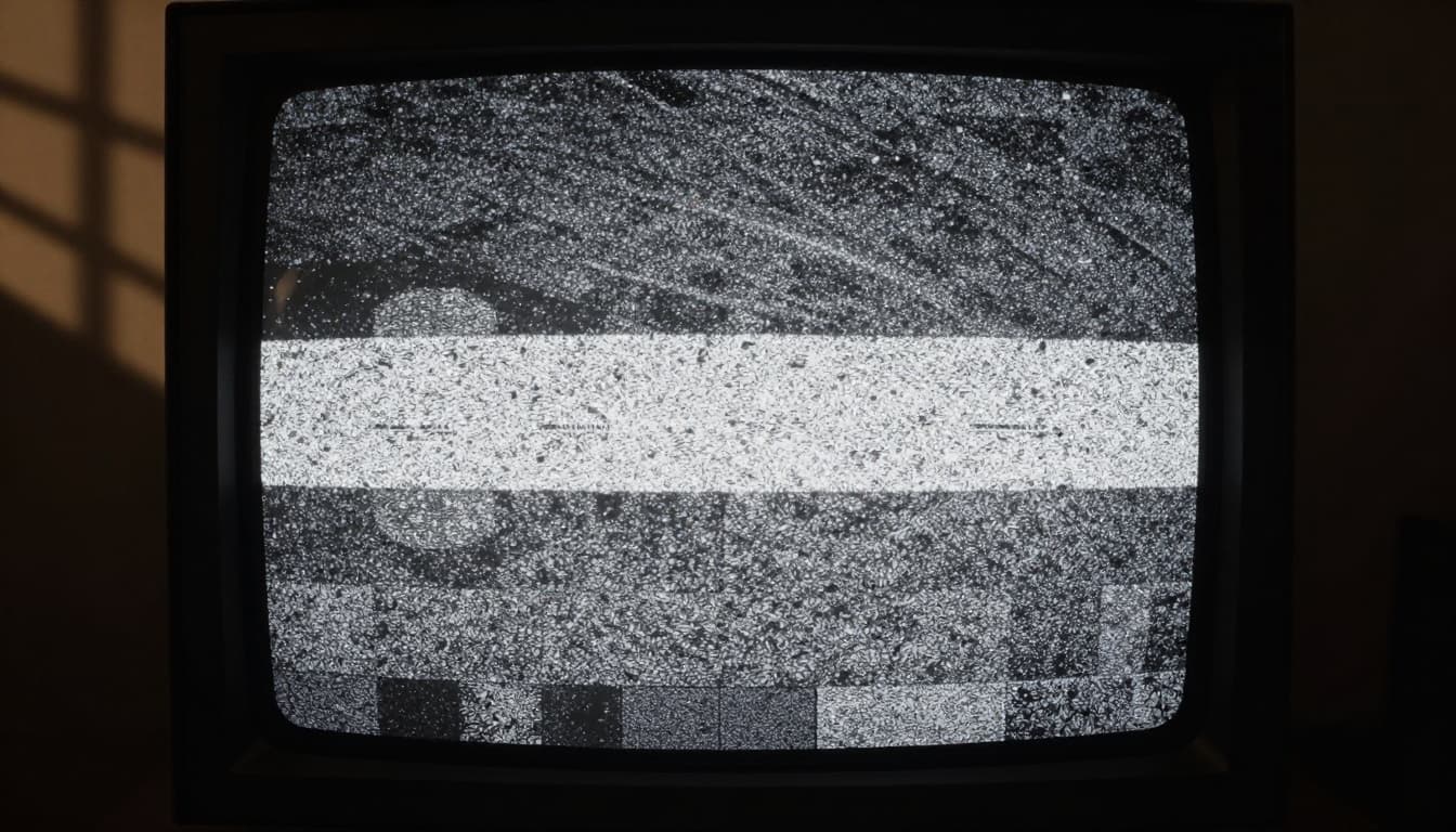 Close-up of an old CRT television screen displaying heavy static snow and interference on a black and white test pattern in a dark cozy living room at dusk.
