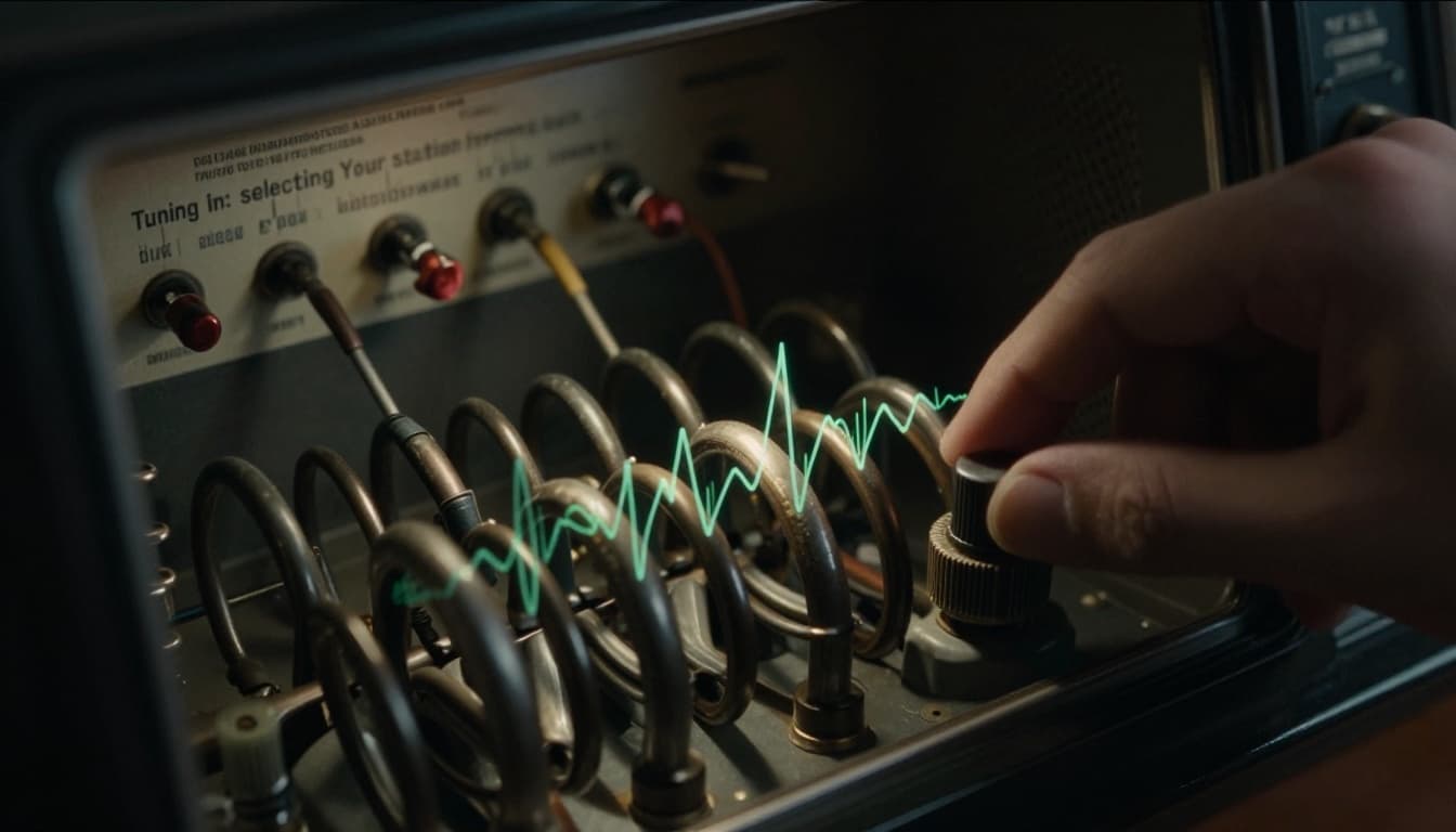 Variable capacitor and coil in a vintage radio tuner circuit with dial knob turning to resonate at a specific frequency, featuring a boosted signal wave in a detailed close-up cinematic composition.